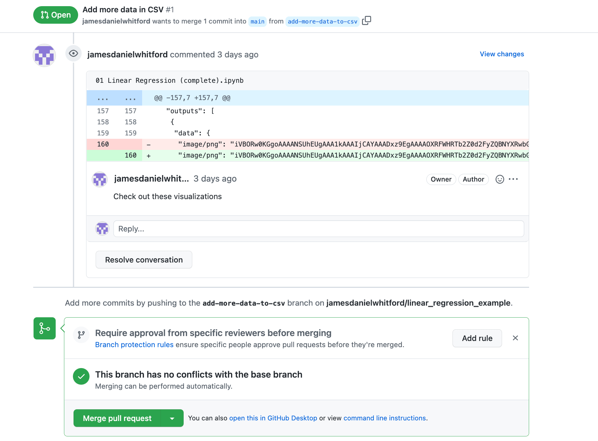 Non-rendered diff along with comment in GitHub